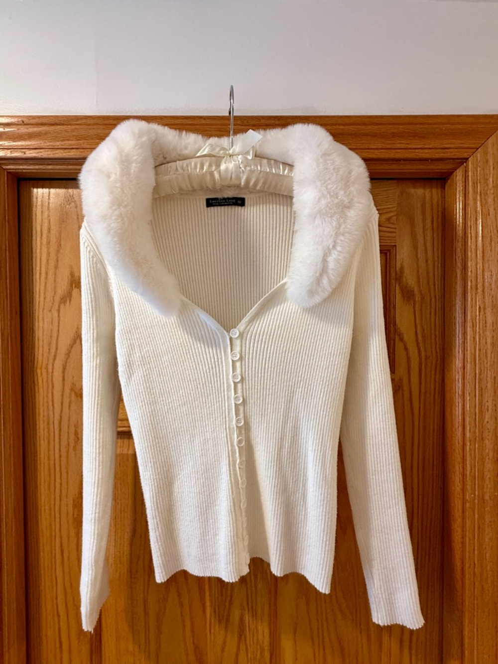 Ribbed Cream Button-Front Sweater with Faux-Fur Collar